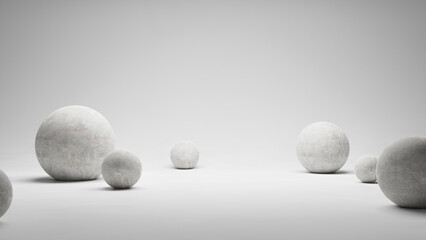 Poster - Abstract spheres round circles forms white background with white color light and empty blank space, spheres and circles background podium stage for products and design