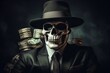 Skeleton gangster in black suit and hat on background of money. Generative AI
