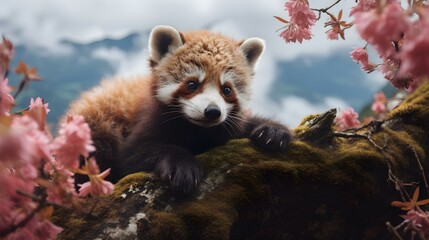 Wall Mural - Red Panda resting on Tree among Leaves