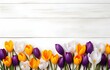 © Oleksiy - colorful crocus flowers on white wooden table for greeting card