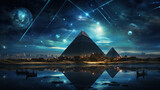 Fototapeta Fototapety do pokoju - widok piramid i planet na nocnym i gwiazdzistym niebie z planetami w tle