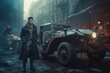 Steampunk and retro-futurism style. Steampunk man stands near mechanical vehicle on old city street background.