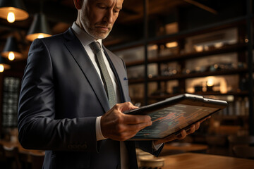 Canvas Print - A confident businessman in a sharp suit, holding a tablet with financial charts and graphs. Concept of data-driven decision-making. Generative Ai.