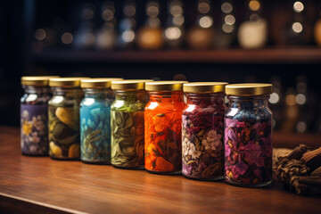 Wall Mural - A variety of colorful and aromatic teas in decorative canisters, inviting exploration of diverse flavors. Concept of a sensory tea experience. Generative Ai.