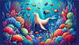Fototapeta Do akwarium - Vector illustration. Seal under water at the coral reef
with exotic fishes. Underwater world of the ocean.
Algae, corals and sea anemones on the seabed.