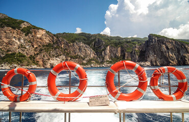 Sticker - Tourist boat during trip along coast of on Corfu Island, Greece