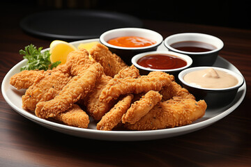 Canvas Print - A plate of crispy chicken tenders served with a variety of dipping sauces, offering a satisfying crunch in every bite. Concept of crispy indulgence. Generative Ai.