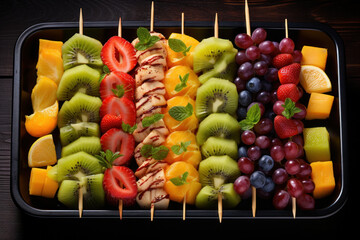 Sticker - A tray of colorful and refreshing fruit skewers, offering a healthy and vibrant alternative in fast food choices. Concept of fruity freshness. Generative Ai.