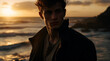 A Closeup of a Young Adult Male Model Standing by an Ocean During a Sunset