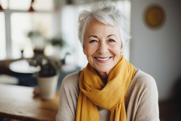 Portrait of a smiling senior woman in cozy home setting