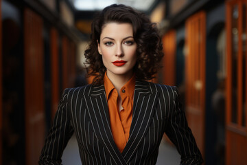 Poster - A confident vintage woman in a sharp pinstripe suit, channeling the power and strength of women in the 1940s. Generative Ai.