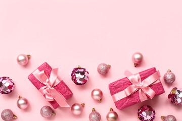 Canvas Print - Christmas tree balls with gifts on pink background