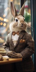 Canvas Print - A rabbit dressed in a suit sitting at a table. Generative AI.