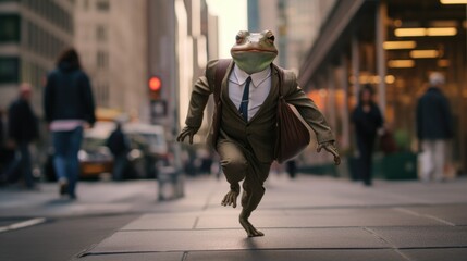 Sticker - A frog in a suit and tie is running on a street. Generative AI.