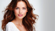 © Claudia Nass - young beautiful woman portrait, model with brown long hair and copy space on white background