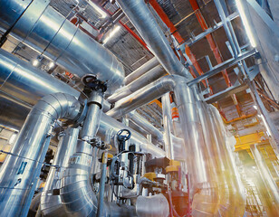 Wall Mural - Equipment, cables and piping as found inside of a modern industrial power plant; abstract steel construction vertical background