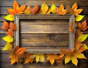 frame of autumn leaves on a background of old wood