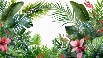 frame of palm leaves and tropical plants isolated over white