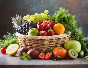 Wall Mural - fresh fruits and vegetables in a basket on a table