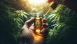 Hand holding CBD hemp oil droplet against marijuana buds - alternative medicine, cannabis oil
