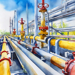 Wall Mural - Industrial zone, Steel pipelines, valves and cables