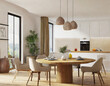 © Donald - Side view of a round dining table in a modern Scandinavian spacious living room with kitchen.