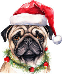 Aufkleber - Christmas pug in santa hat wrapped in christmas lights created with Generative AI technology