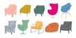 Set of home chairs in different colors and shapes. Trendy flat cartoon style. Upholstered furniture for comfort and decoration.