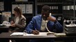 © DC Studio - African American detective and Caucasian criminologist gather evidence and examine files. Male investigator answering landline phone, receiving important clues and information to solve crime.