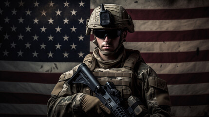 Army soldier in Combat Uniforms with assault rifle, plate carrier and combat helmet with an American flag on the background