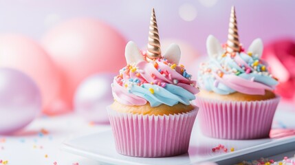 Sticker - Two cupcakes with pink frosting and a unicorn horn on top