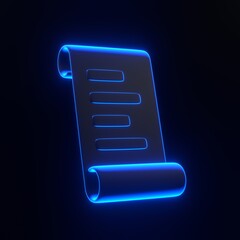 List, paper or payment with bright glowing futuristic blue neon lights on black background. 3D icon, sign and symbol. Cartoon minimal style. 3D render illustration