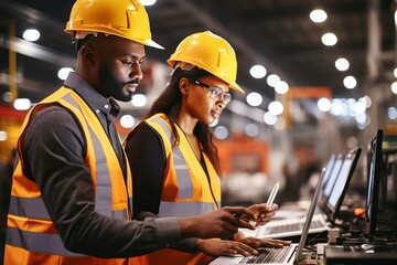 Poster - Young cheerful African American engineers, technicians or workers on a factory floor. Confident black man and woman in safety helmets and vests operate complex industrial equipment using laptop.