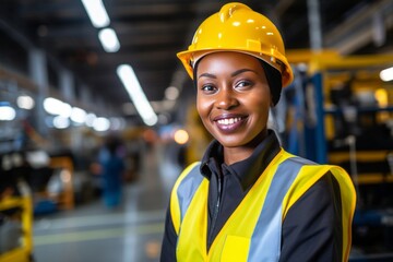 Poster - Young cheerful African American female engineer, technician or worker on a factory floor. Confident black woman in safety helmet and vest operates complex industrial equipment, setting up the machine.