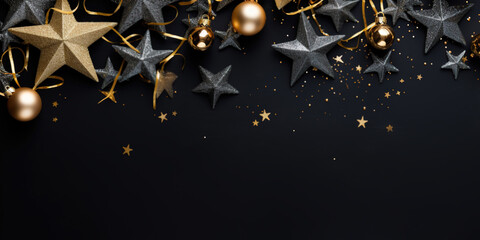 Wall Mural - Christmas banner with copy space. Christmas decoration with presents on black background. Copy space.