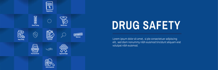 pharmaceuticals and medications icon set with web header banner for fda approval