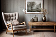 modern living room interior with brown armchair and vase with plant