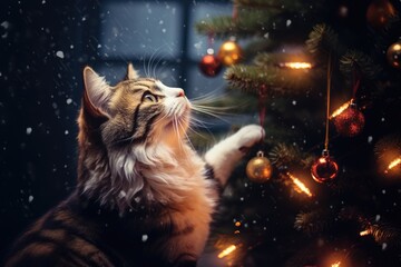 Wall Mural - Funny cat playing with Christmas tree. Naughty cute kitten. Beautiful background with festive decoration and cute pet. Christmas and New Year holiday concept