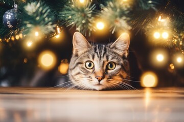 Wall Mural - Funny cat playing with Christmas tree. Naughty cute kitten. Beautiful background with festive decoration and cute pet. Christmas and New Year holiday concept