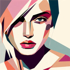 Wall Mural - fashion girl,close-up,flat illustration, geometric shapes, look into camera,colorful niji5-- style expressive