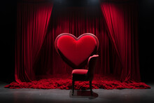 Real Velvet Cloth Stage Silk Curtain And A Little Red Heart In A Gray Armchair. Throne Of Hearts. The Concept Of Theater, Love And Romance.