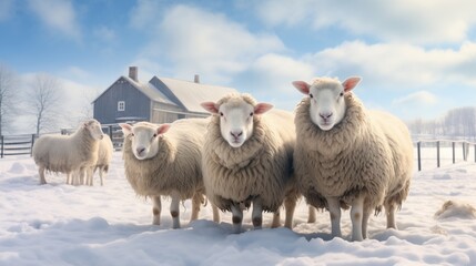Wall Mural - A Majestic Herd of Sheep Grazing Peacefully on a Serene, Snowy Landscape