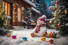 Generative AI Illustration Smiling Snowman Wearing A Hat And Scarf With A Basket Of Colorful Easter Eggs In Snowy Setting Festive Tree And Cabin
