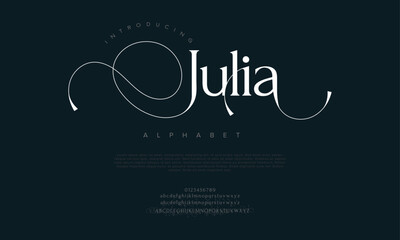 Leinwandbilder - Julia premium luxury elegant alphabet letters and numbers. Elegant wedding typography classic serif font decorative vintage retro. Creative vector illustration