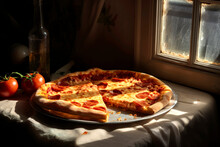 Generative AI Illustration Of A Plate Of Appetizing Pizza Slices Served On White Plate On Table Near Fresh Tomatoes And Bottle Of Oil, Illuminated By The Natural Light Streaming Through A Window