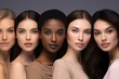 Portrait of different nation women Asian African American and Caucasian are brought together with diverse type on skin.