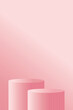 © Sun_Rise - 3d pink podium in pink studio room. Stand to show cosmetic product vector mock up. Realistic vector 3d cylinder podium pedestal, two stages with vertical shape background, eps 10.