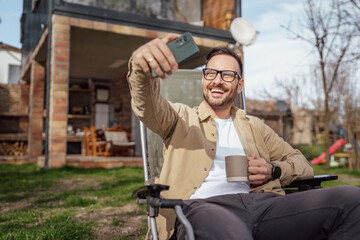 Wall Mural - One man happy caucasian male use smartphone selfie photo or video call