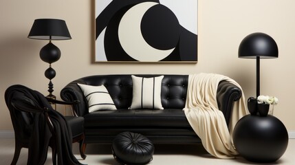 A living room with a black leather couch and two lamps.