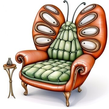 An orange chair with a green and white butterfly seat.